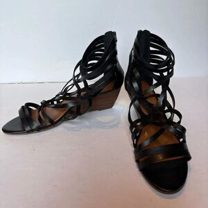 Hinge Women's Strappy Black Leather  Wedge Sandals Size 9 1/2M